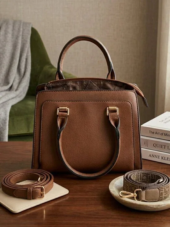 Anne Klein Cognac Satchel - Includes 2 Straps! Monogram & Matching Leather - Picture 2 of 14